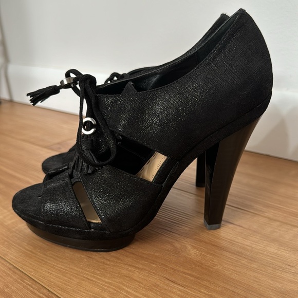 Coach Teagan black sparkly suede platform peep-toe with tassel tie 6.5 - Picture 3 of 9